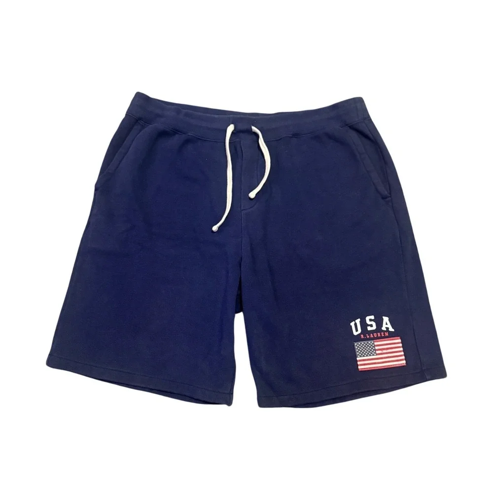 Polo Ralph Lauren Mens XXL USA Flag Fleece Shorts Navy Blue Graphic Sweat Shorts